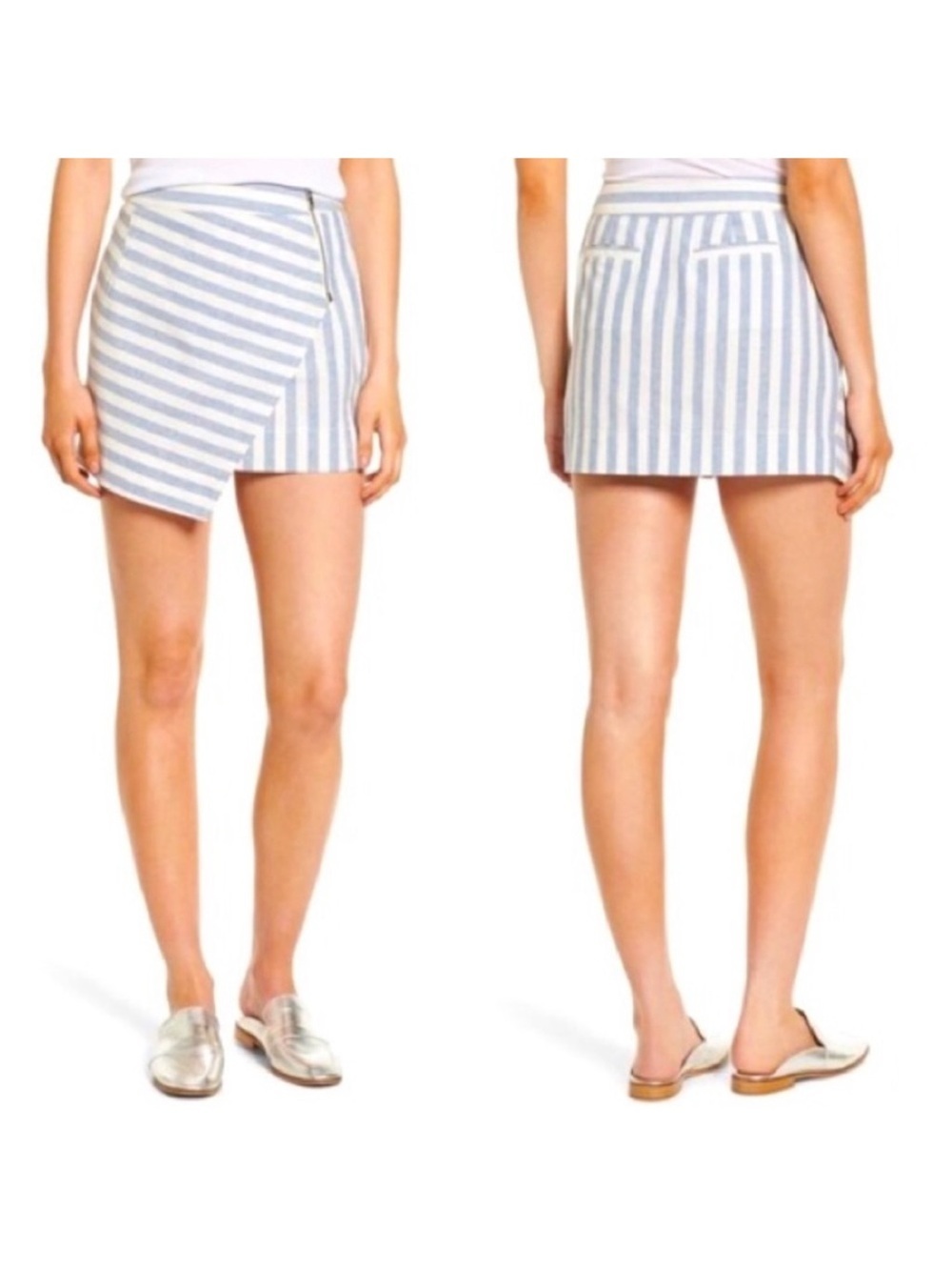 Rebecca Minkoff Gigi Wrap Asymmetrical Striped Blue & White Mini Zipper Skirt M